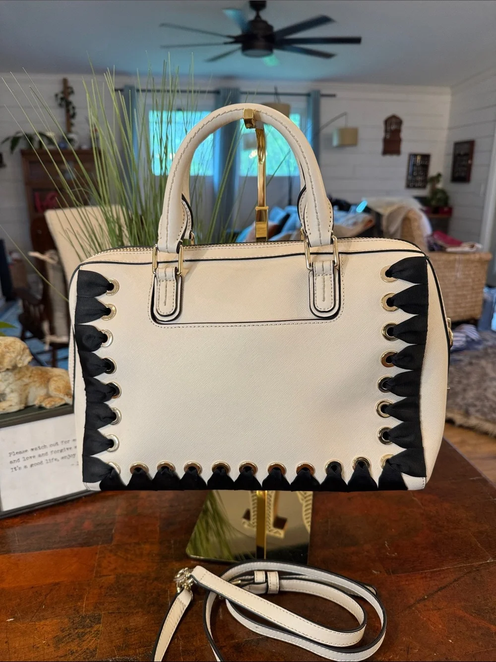 henri bendel White and Black Leather Satchel with Lace-Up Trim